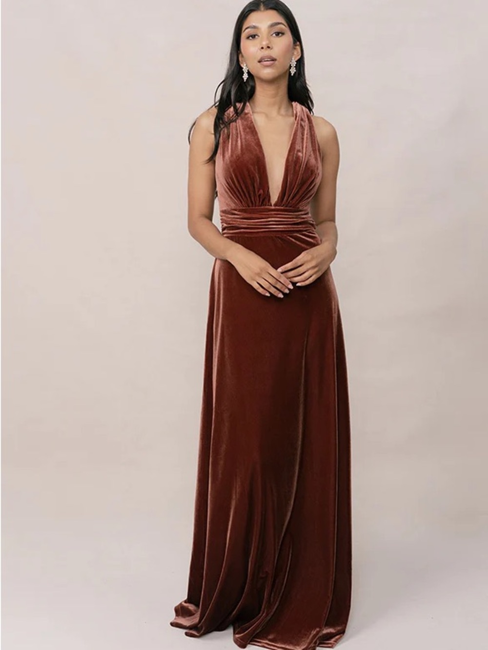 Revelry Velvet Deep V Maxi Gown in Terracotta